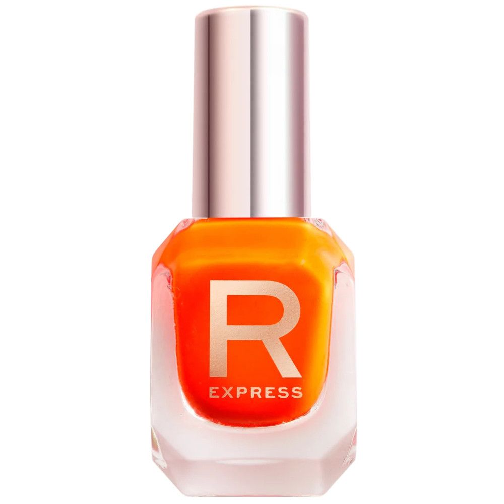 Orangefarbener Nagellack in achteckiger Flasche mit silbernem Deckel. Großes "R" und "EXPRESS" auf der Vorderseite.