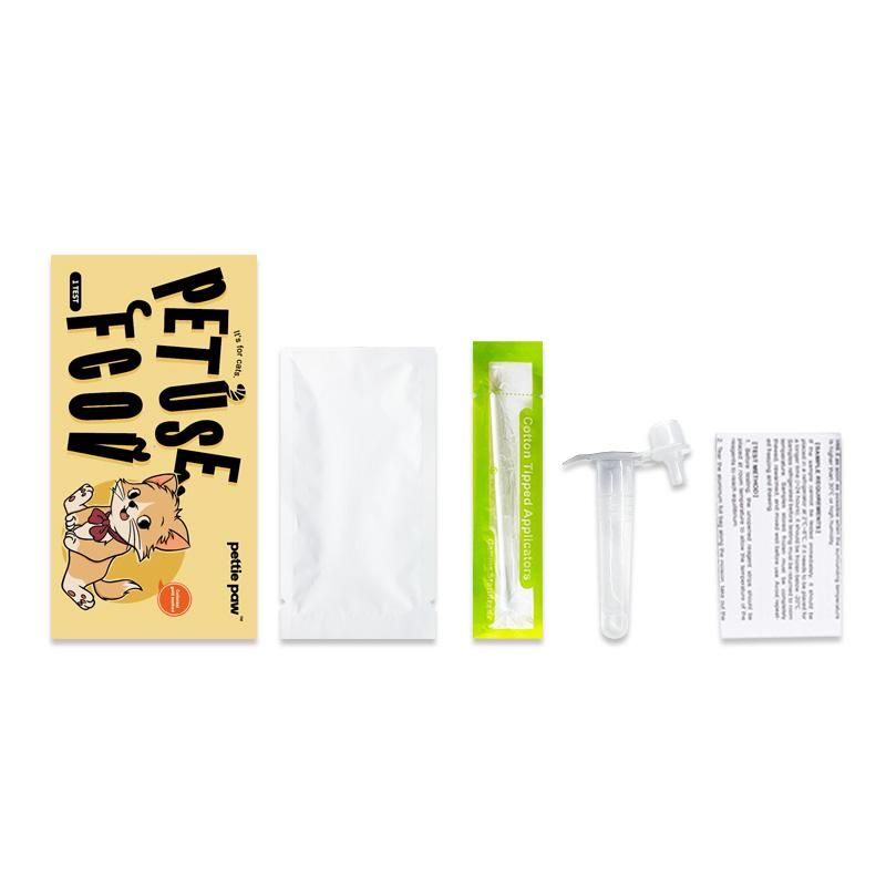 Gelbe Verpackung mit Aufdruck PET USE FCOV, Katze. Enthält Teststreifen, Tupfer, Pipette und Anleitung.