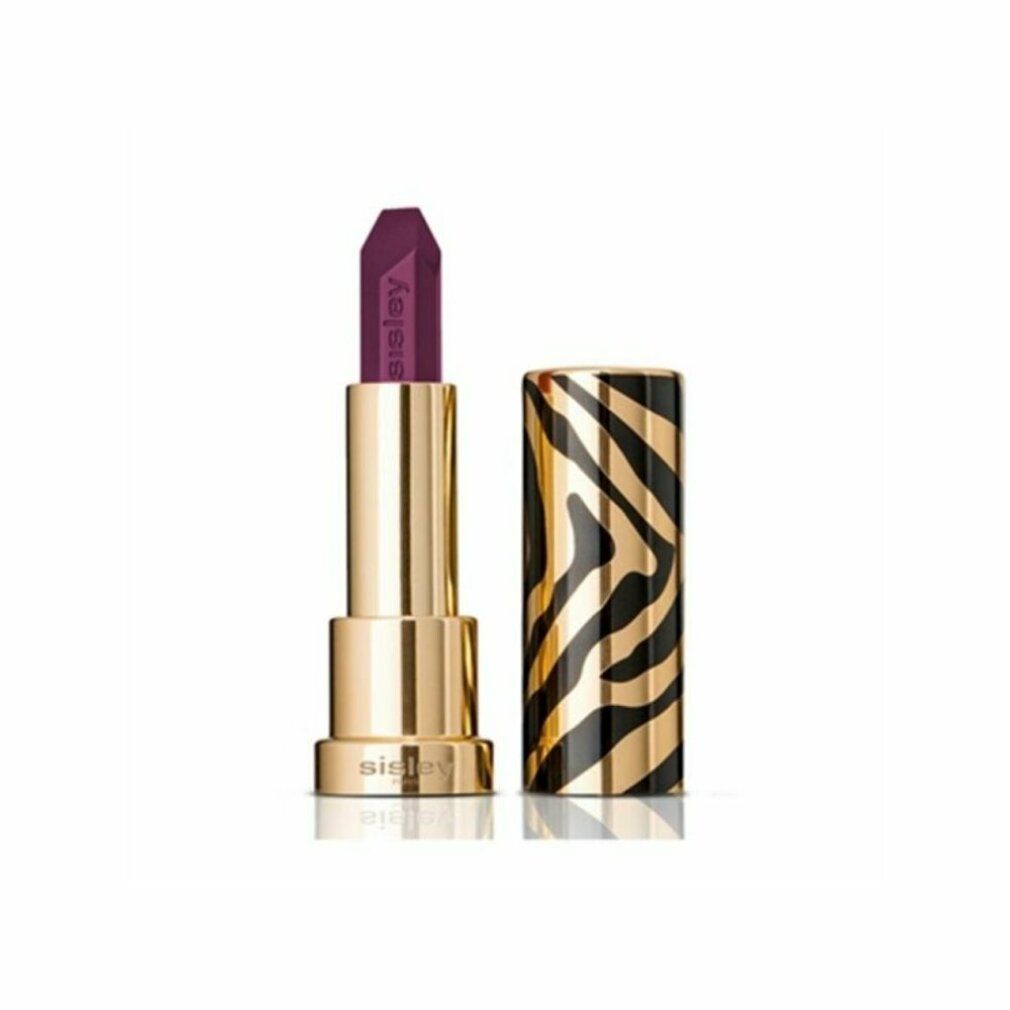 Lippenstift mit goldfarbenem Gehäuse und Zebrastreifen-Muster. Der Lippenstift ist geöffnet und zeigt eine violette Spitze mit Sisley-Logo.