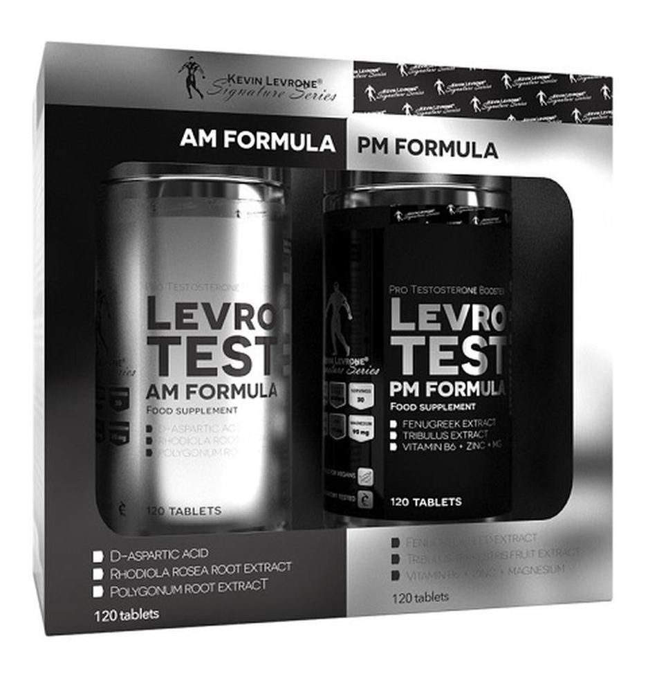 Zwei Dosen Levro Test (AM PM Formula) in einer Verpackung. AM-Dose silberfarben, PM-Dose schwarz. Beide mit Schriftzug und 120 Tabletten.