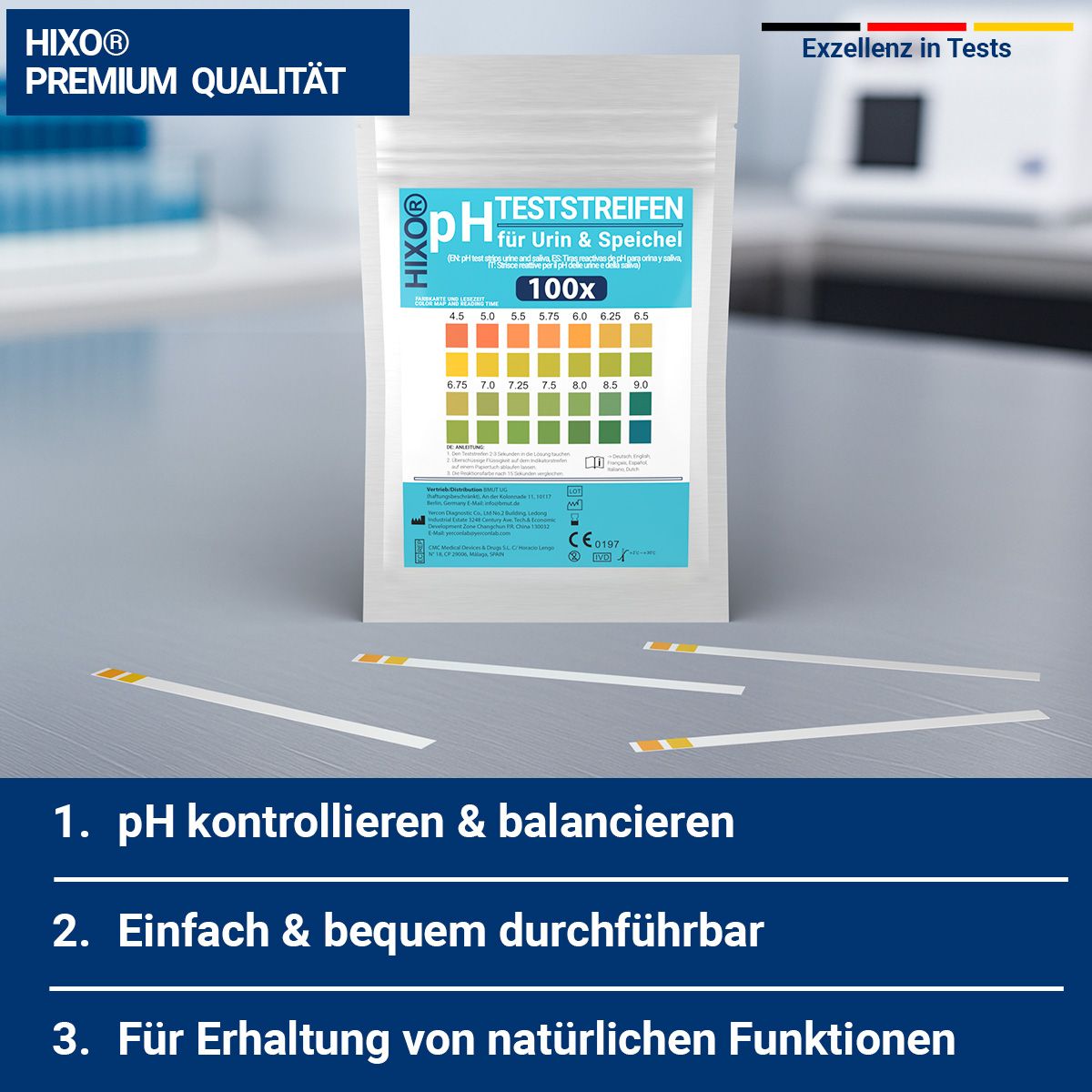 Produktverpackung mit pH-Teststreifen. Text: pH Teststreifen für Urin & Speichel, 100x. 1. pH kontrollieren & balancieren. 2. Einfach & bequem durchführbar. 3. Für Erhaltung.
