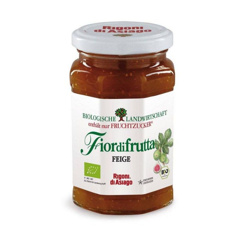 Glas mit Feigenmarmelade. Auf dem Etikett steht "Fiordifrutta Feige" und "Rigoni di Asiago". Bio-Siegel.