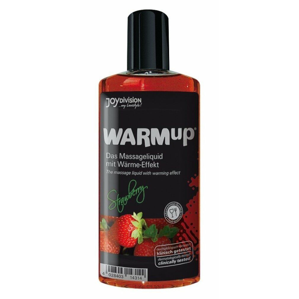 Flasche mit roter Flüssigkeit und schwarzem Verschluss. Aufschrift: WARMUP, Erdbeer-Liquid. Mit Erdbeeren im Hintergrund.