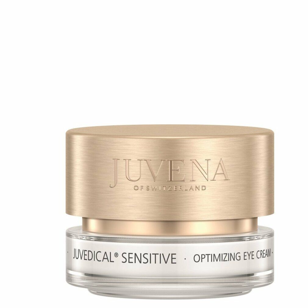 Creme-Glas mit goldfarbenem Deckel. Aufschrift: Juvena of Switzerland, Juvedical Sensitive, Optimizing Eye Cream.