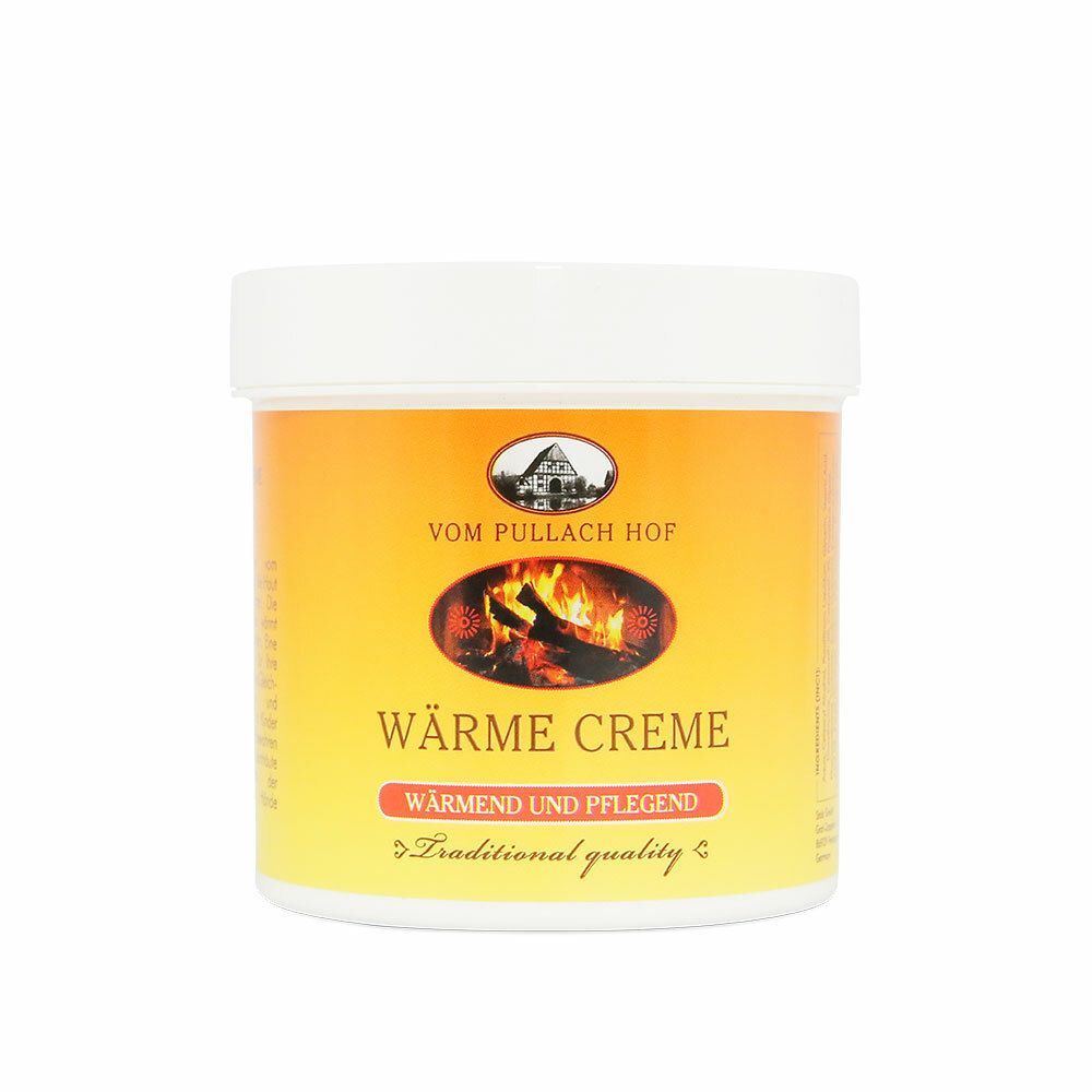 Behälter mit gelbem Etikett. Oben steht "VOM PULLACH HOF". Darunter "WÄRME CREME". Text: "WÄRMEND UND PFLEGEND".
