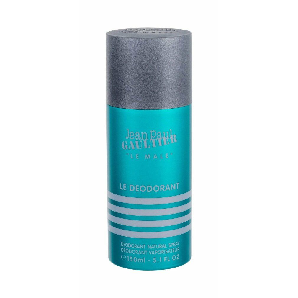 Türkisfarbene Deodorant-Spraydose mit grauem Deckel. Aufschrift: Jean Paul Gaultier, Le Male, Le Deodorant. 150 ml.