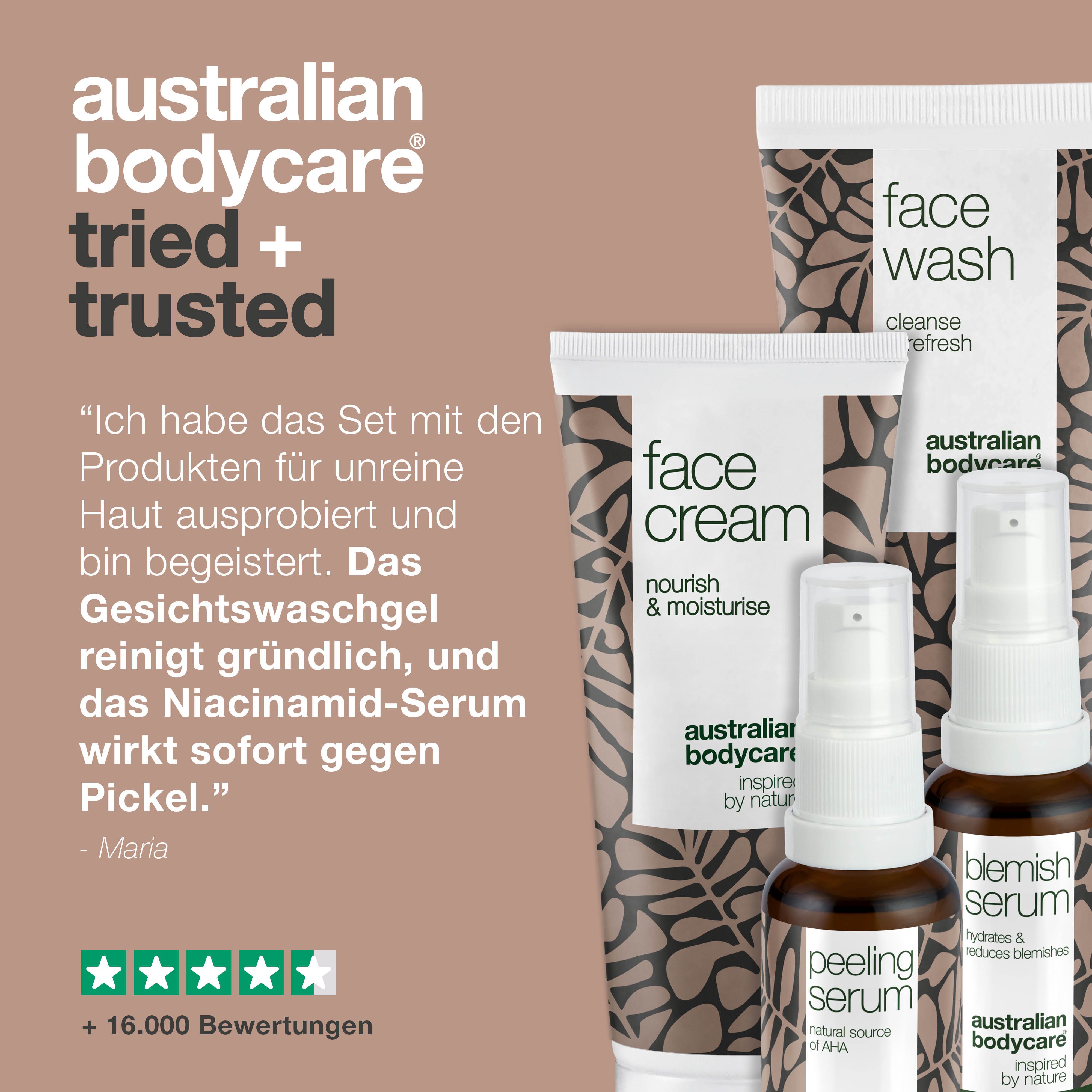 Australian Bodycare Set. Produkte: Face Wash, Face Cream, Peeling Serum, Blemish Serum. Zitat und Sterne-Bewertung.
