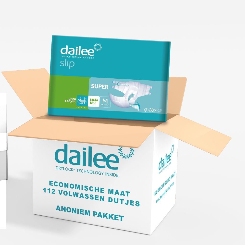 Doos Dailee Slip Super incontinentieluiers voor volwassenen. 112 stuks, maat M. Anonieme verpakking.
