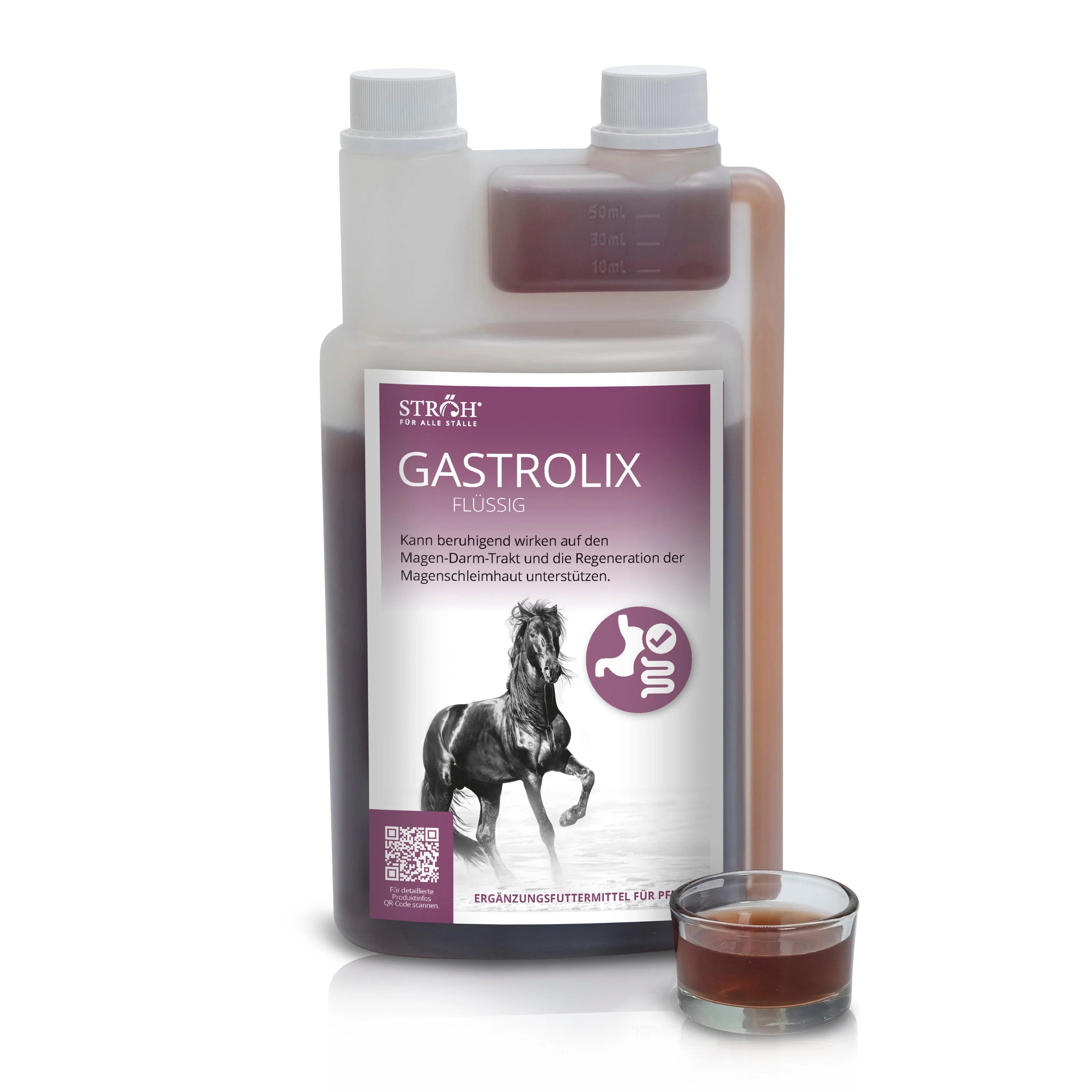 Flüssiges Ergänzungsfuttermittel in einer Flasche mit Dosierbecher. Aufschrift: GASTROLIX. Logo: Pferd. Braune Flüssigkeit.