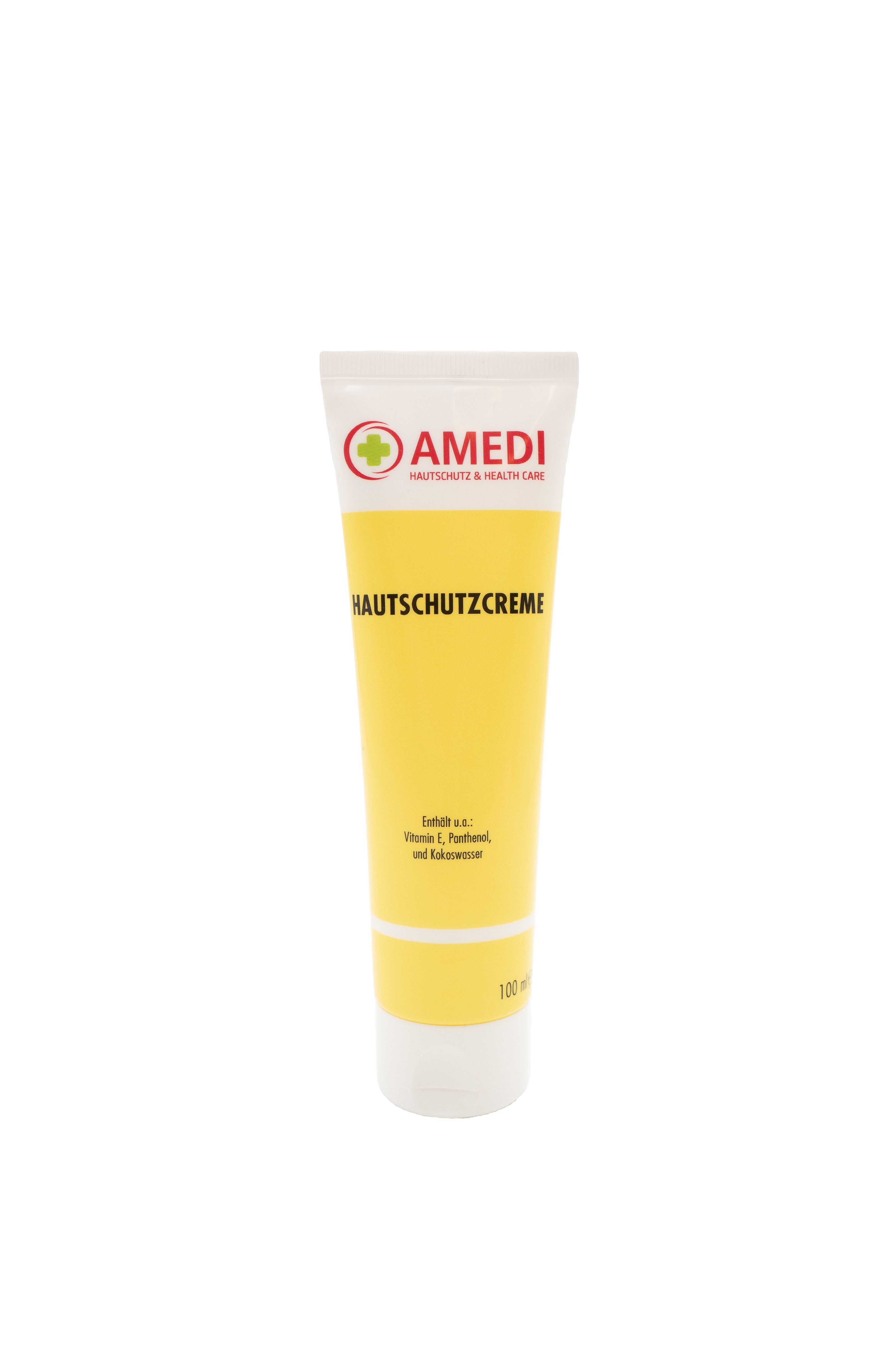 Creme-Tube mit gelbem Körper und weißem Deckel. Aufschrift: AMEDI, Hautschutzcreme. Enthält Vitamin E, Panthenol, Kokoswasser.