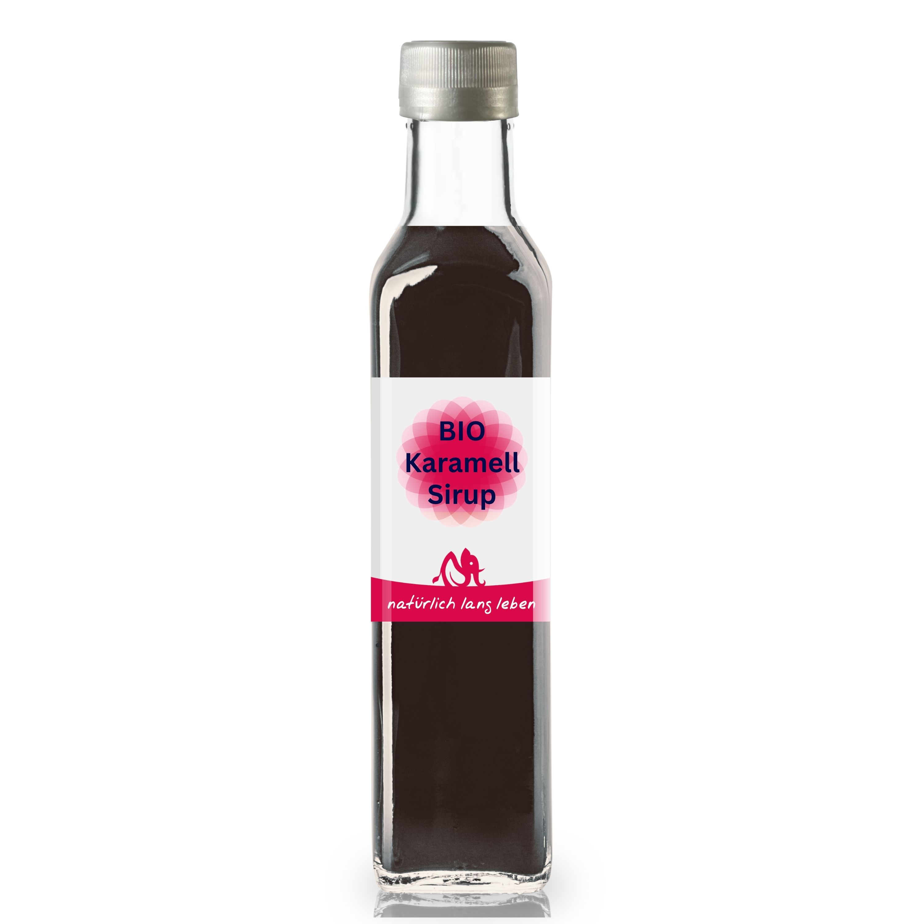 Glasflasche mit braunem Inhalt und Etikett. Aufschrift: BIO Karamell Sirup. Silberner Verschluss.