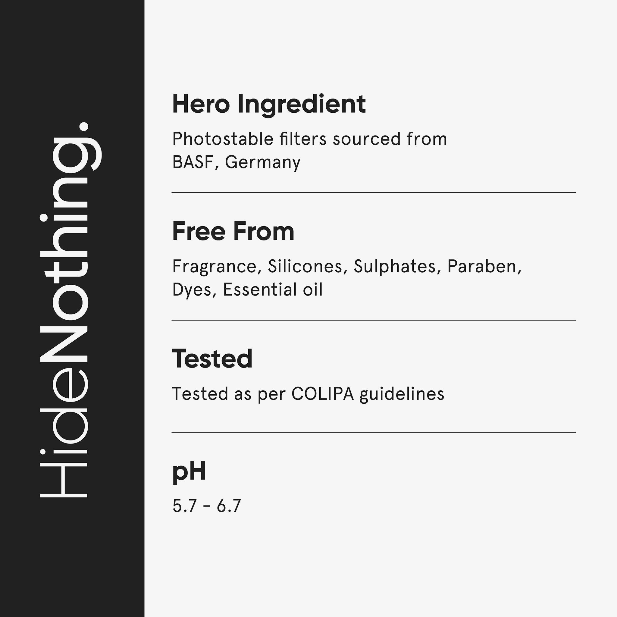 Text auf grauem Hintergrund. Text: Hero Ingredient, Free From, Tested, pH 5.7-6.7. Getestet nach COLIPA-Richtlinien. Marke: HideNothing.