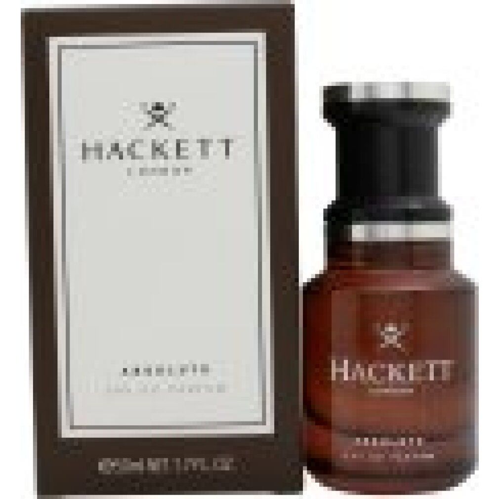 Braune Flasche und Verpackung. Aufschrift: HACKETT LONDON, ABSOLUTE, Eau de Parfum. Flasche mit silbernem Deckel.