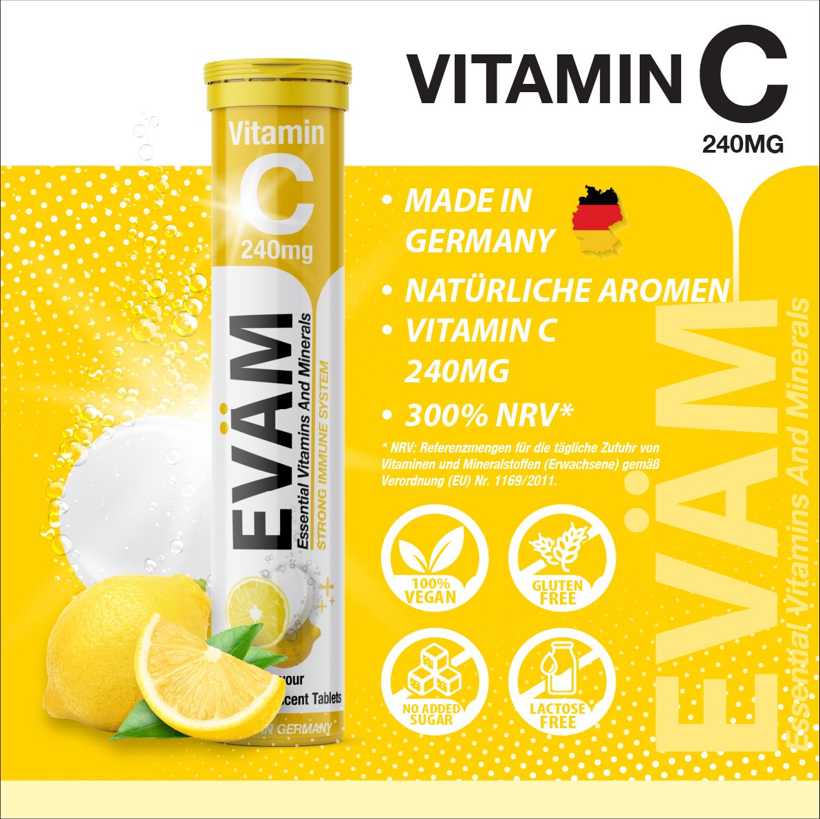 Gelbes Röhrchen EVÄM Vitamin C 240mg. Aufschrift: Essential Vitamins and Minerals. Zusätzliche Informationen: Made in Germany, 100% Vegan, Glutenfrei, Laktosefrei.