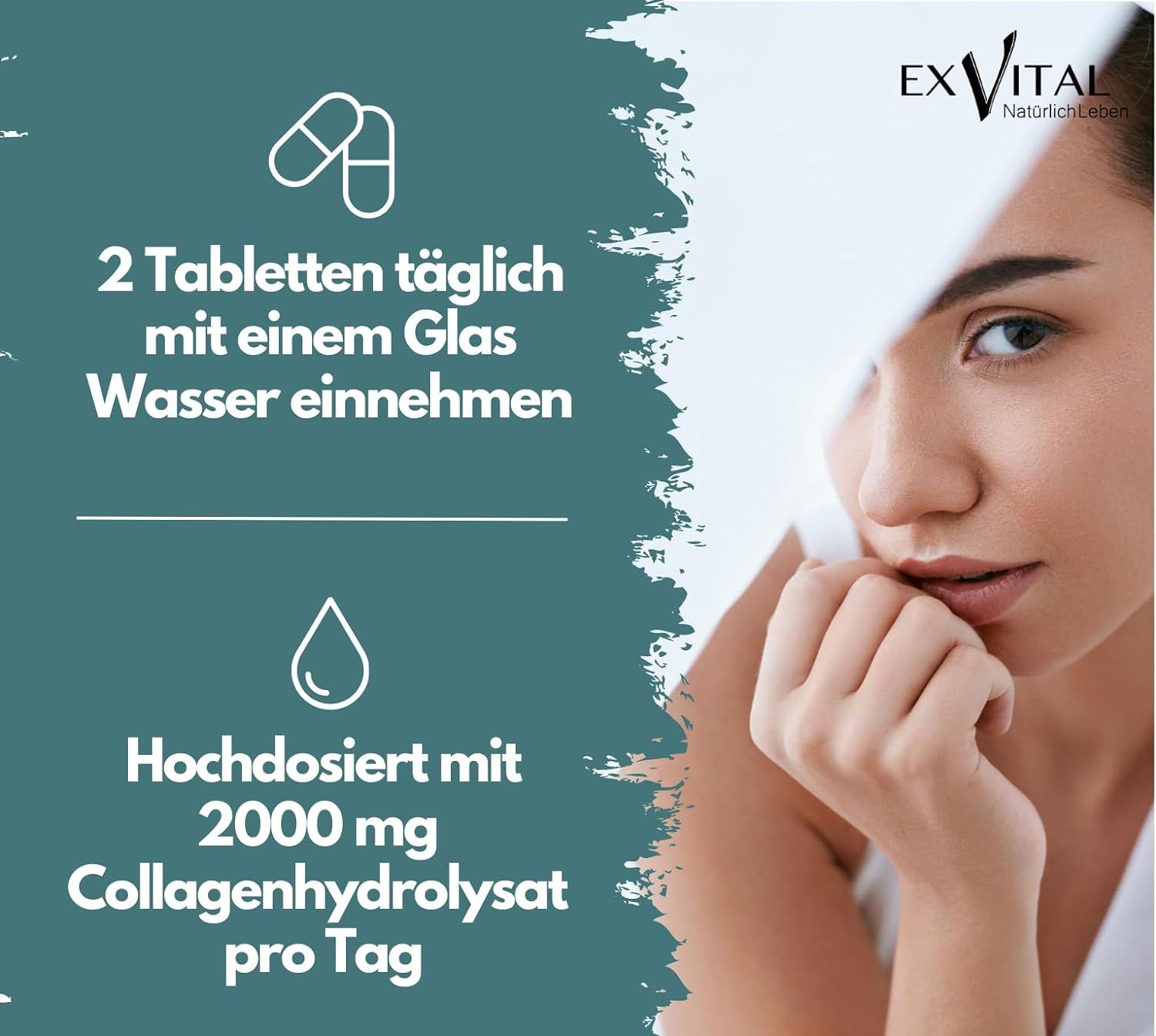 Grafik mit Text: 2 Tabletten täglich mit Wasser einnehmen. Hochdosiert mit 2000 mg Kollagenhydrolysat pro Tag. Marke: EXVital®.