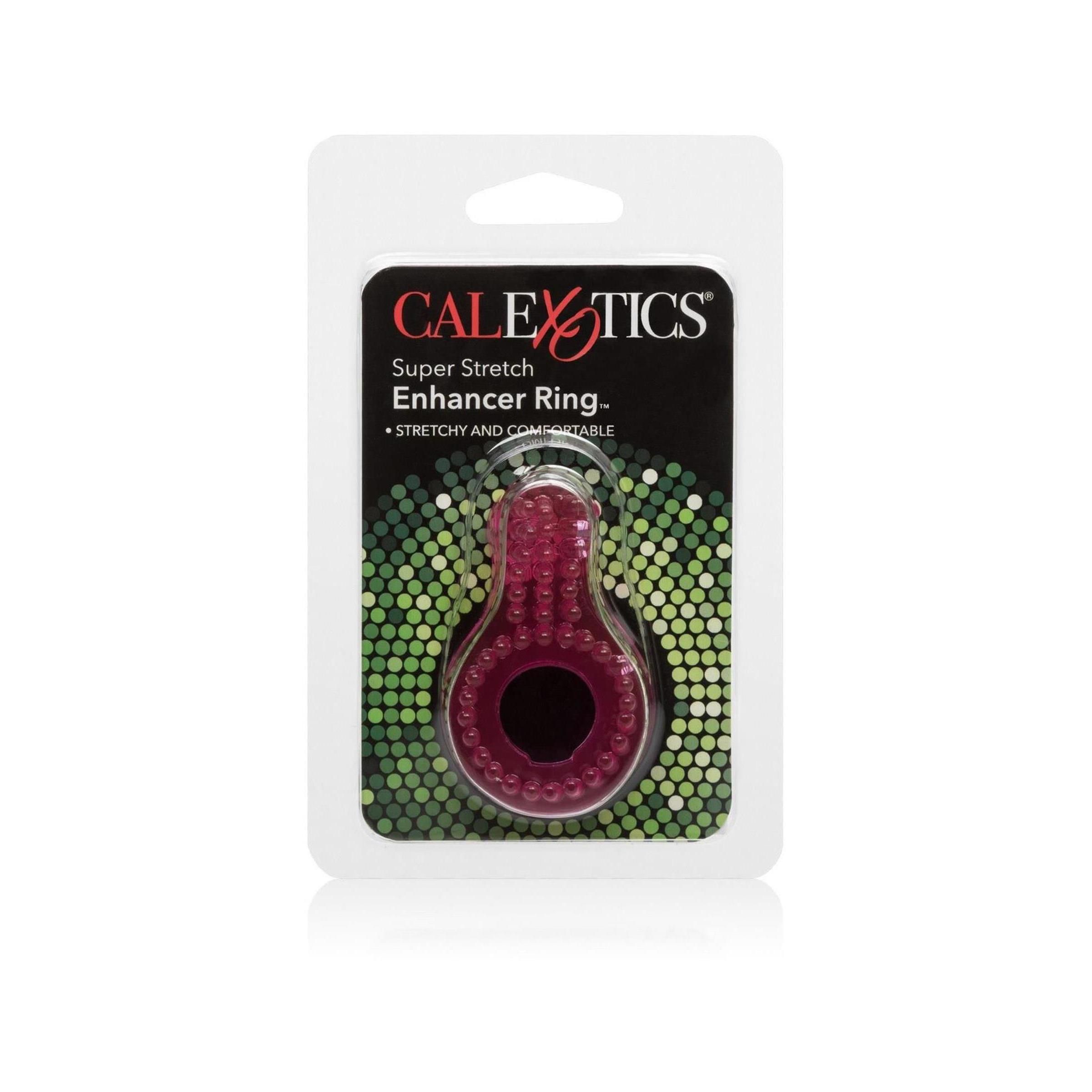 Verpackung mit einem rosafarbenen Enhancer Ring. Marke CalExotics, Produktname Super Stretch Enhancer Ring.
