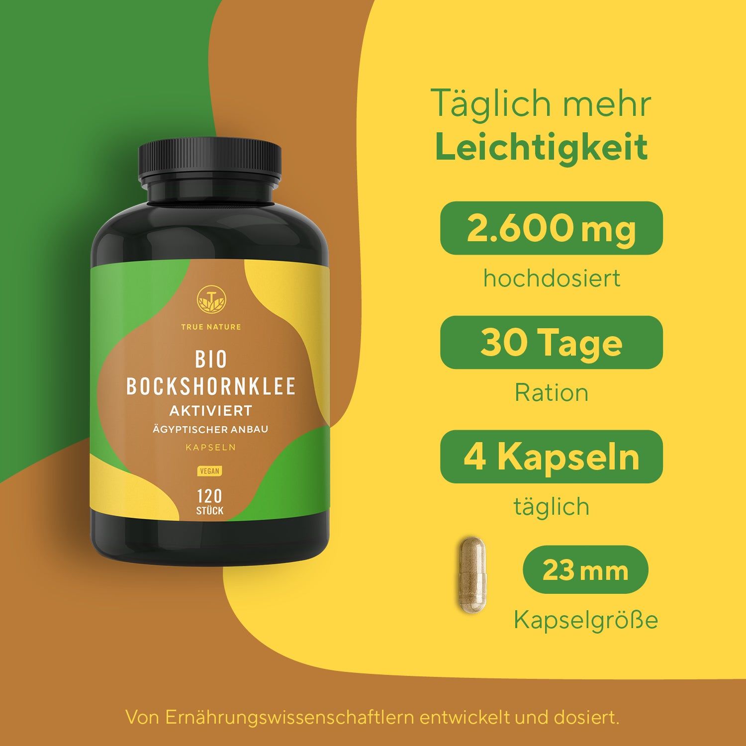 Grafik mit Flasche und Kapsel. Text: 2.600 mg hochdosiert, 30 Tage Ration, 4 Kapseln täglich, 23 mm Kapselgröße. Vegan.