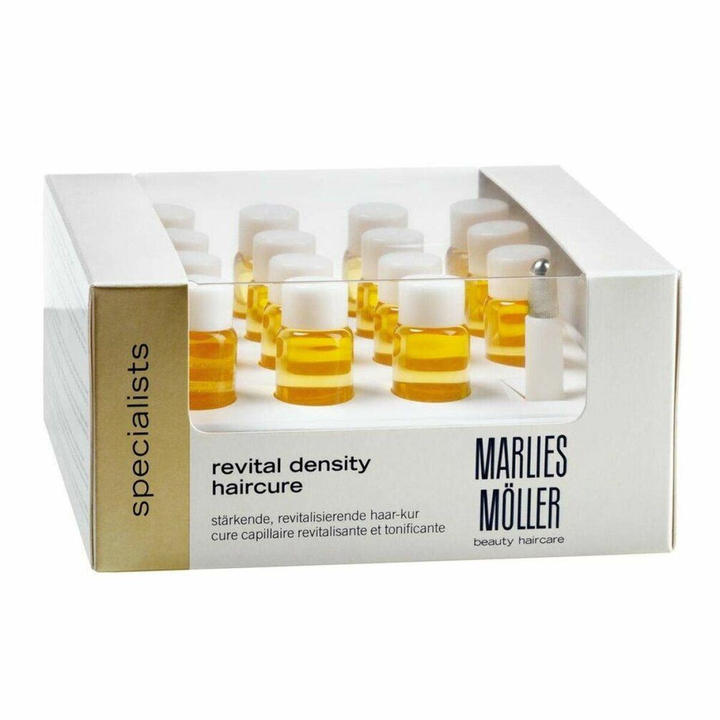 Weißer Karton mit mehreren kleinen Fläschchen. Aufschrift: Marlies Möller, Revital Density Haircure.