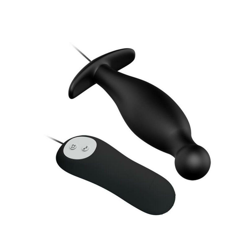 Schwarzer Anus-Plug mit T-förmiger Basis und Fernbedienung. Kabelverbindung. Der Plug hat eine runde Spitze.