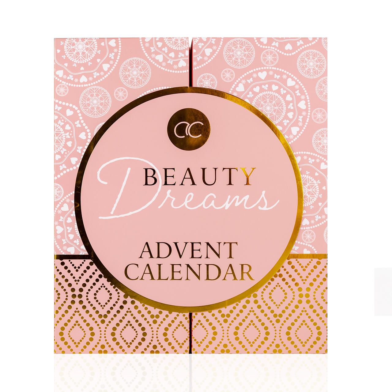 Adventskalender BEAUTY DREAMS. Rosa Verpackung mit goldenen Akzenten. Rundes Logo mit Schriftzug. Muster mit Ornamenten.