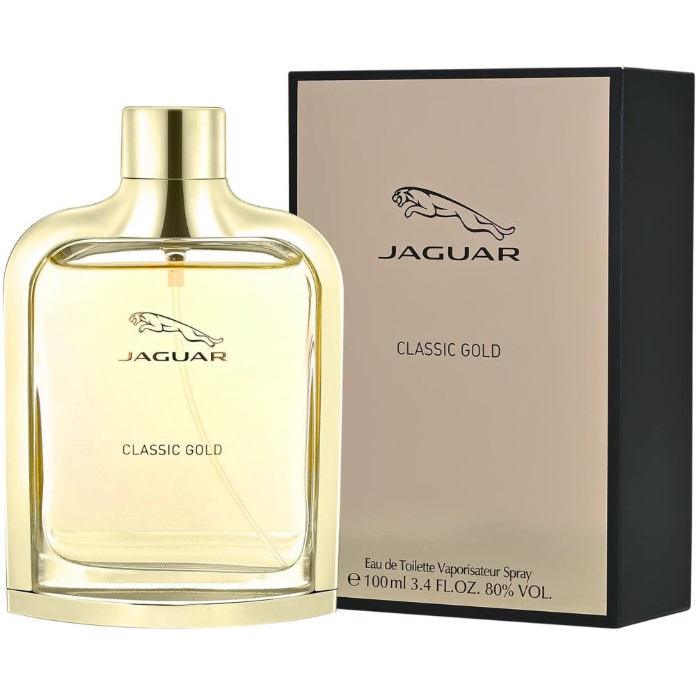 Goldfarbene Flasche und Verpackung. Aufschrift: Jaguar, Classic Gold. Flasche mit goldfarbenem Verschluss. Rechteckige Form.