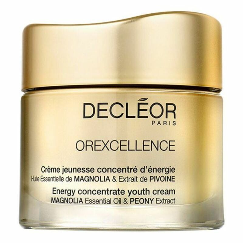 Creme-Tiegel mit goldfarbenem Deckel. Aufschrift: DECLEOR PARIS, OREXCELLENCE, Crème jeunesse concentré d'énergie, Energy concentrate youth cream.