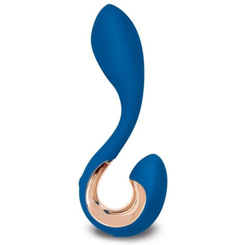Blauer Vibrator mit geschwungener Form und goldfarbenem Akzent. Zwei abgerundete Enden, verbunden durch einen gebogenen Schaft.