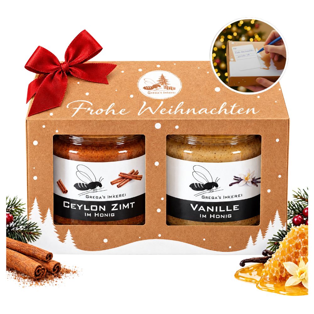 Grega´s Imkerei 2er Geschenkset Frohe Weihnachten mit Zimt im Honig & Vanille 500 g