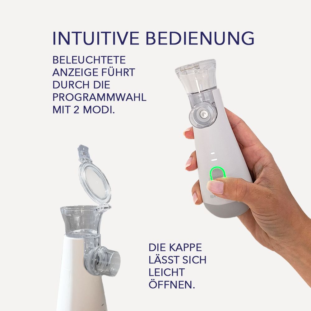 Graues Inhalationsgerät mit geöffnetem Deckel. Text: Intuitive Bedienung. IEA MEDICAL.