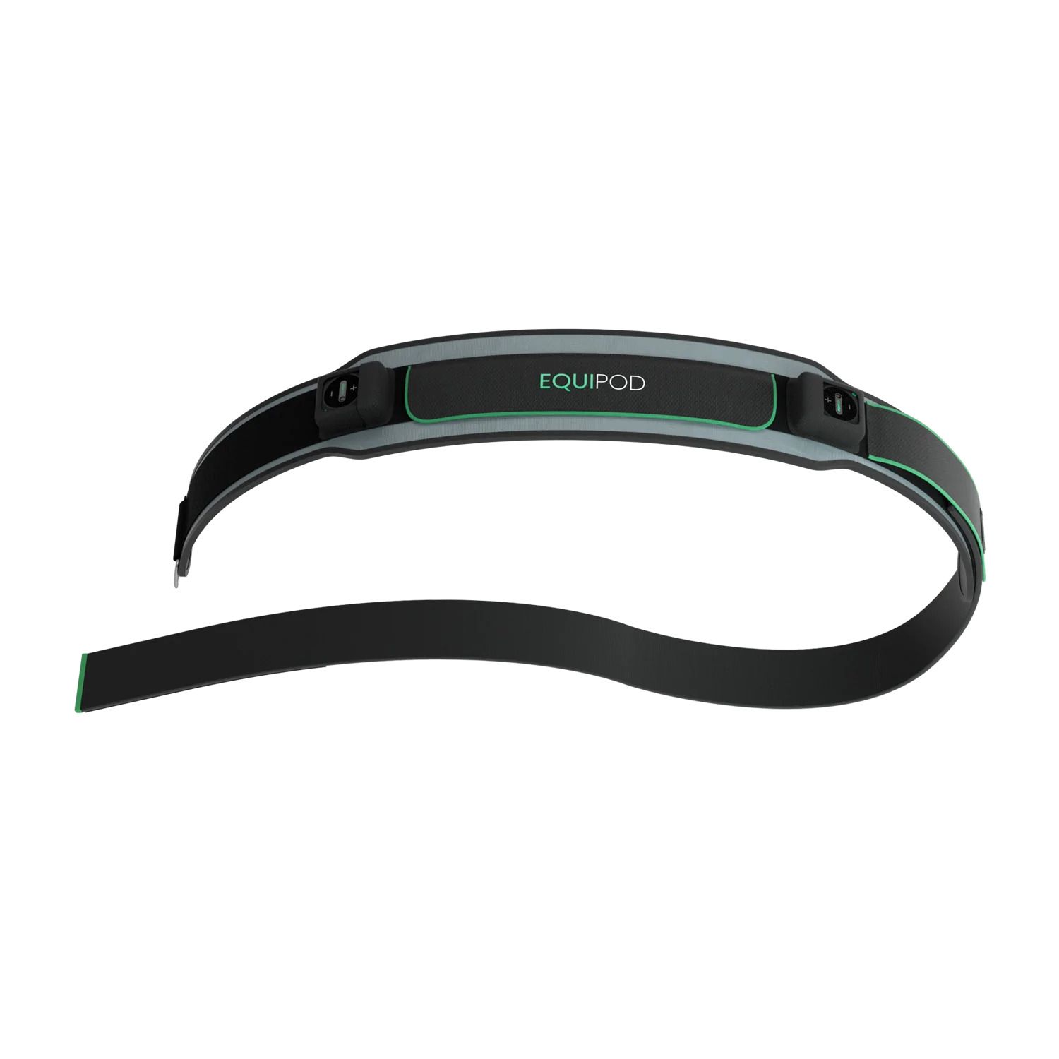 Schwarzes KorBand mit grünem Akzent. Aufschrift: EQUIPOD. Bandförmig mit zwei Enden.