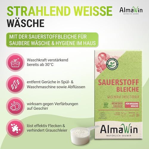 AlmaWin Sauerstoff Bleiche Verpackung und Dosierlöffel, Werbung für strahlend weiße Wäsche.