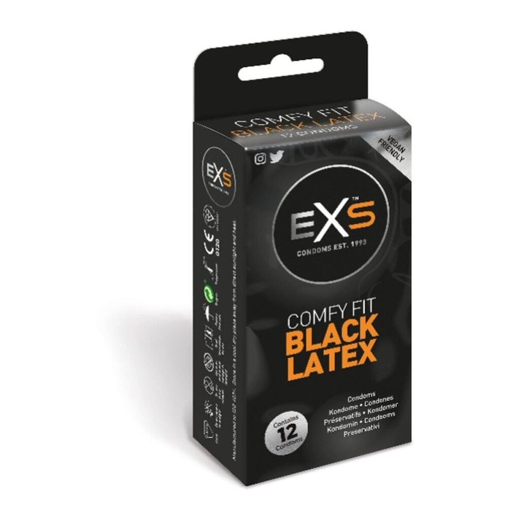 Schwarze Verpackung mit EXS Comfy Fit Black Latex Kondomen. Enthält 12 Kondome. Vegan-freundlich.