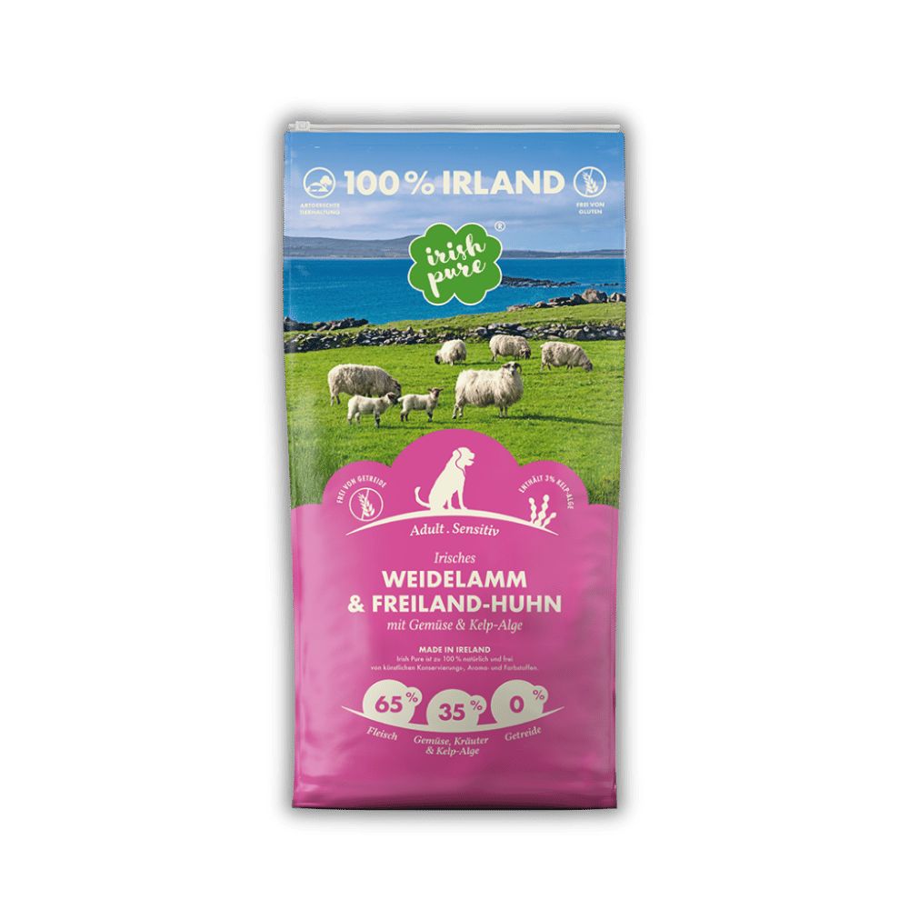 Zusammensetzung von Irish Pure Hundefutter: Lamm, Huhn, Gemüse & Kelp-Alge.