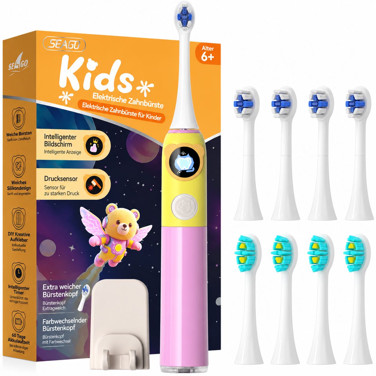 Kind mit pink-gelber Kinder-Elektrozahnbürste und interaktiven Symbolen.