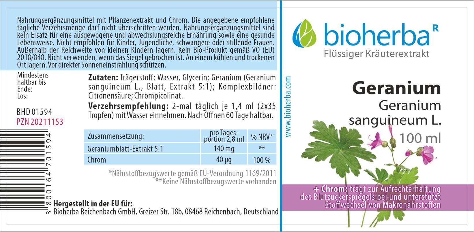 Bioherba Geranium Geranium sanguineum L. Tropfen Tinktur