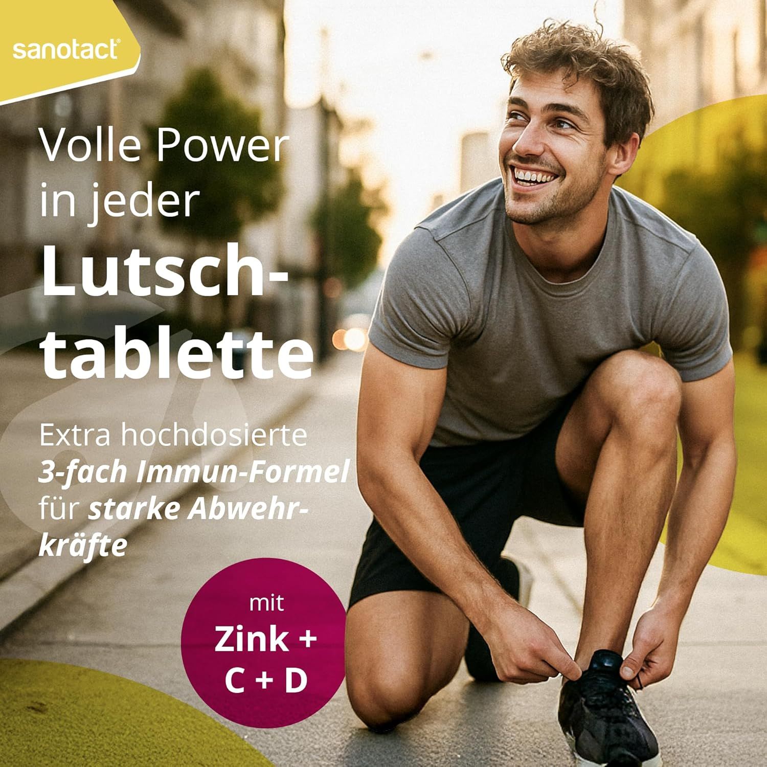 Mann bindet Schuhe. Text: Volle Power in jeder Lutschtablette. Extra hochdosierte 3-fach Formel für starke Abwehrkräfte. Mit Zink + C + D.