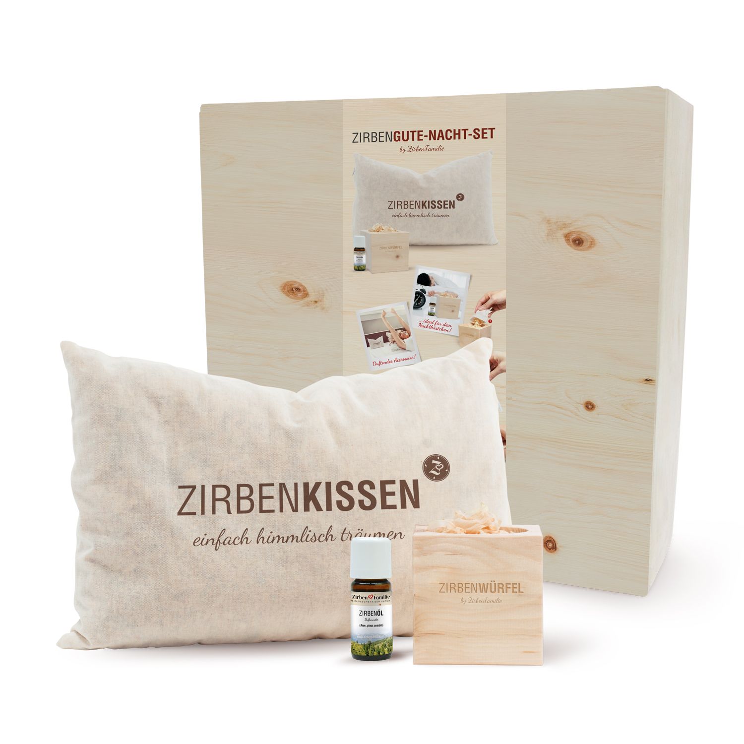 Holzkiste mit Produktabbildungen. Kissen mit Text. Ölflasche. Holzbox mit Holzspänen. Set.