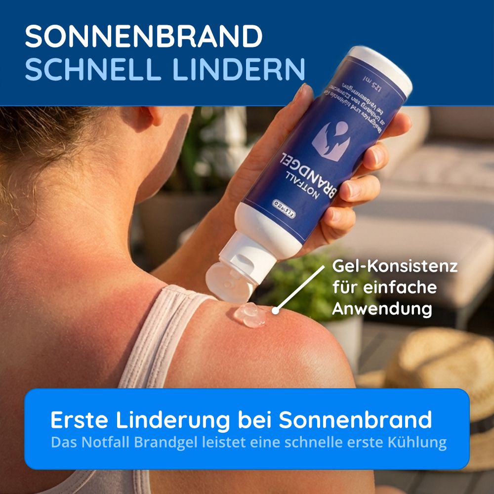 Person mit Sonnenbrand. Flasche mit Aufschrift NOTFALL BRANDGEL. Gel wird auf die Schulter aufgetragen. Text: Erste Linderung bei Sonnenbrand.