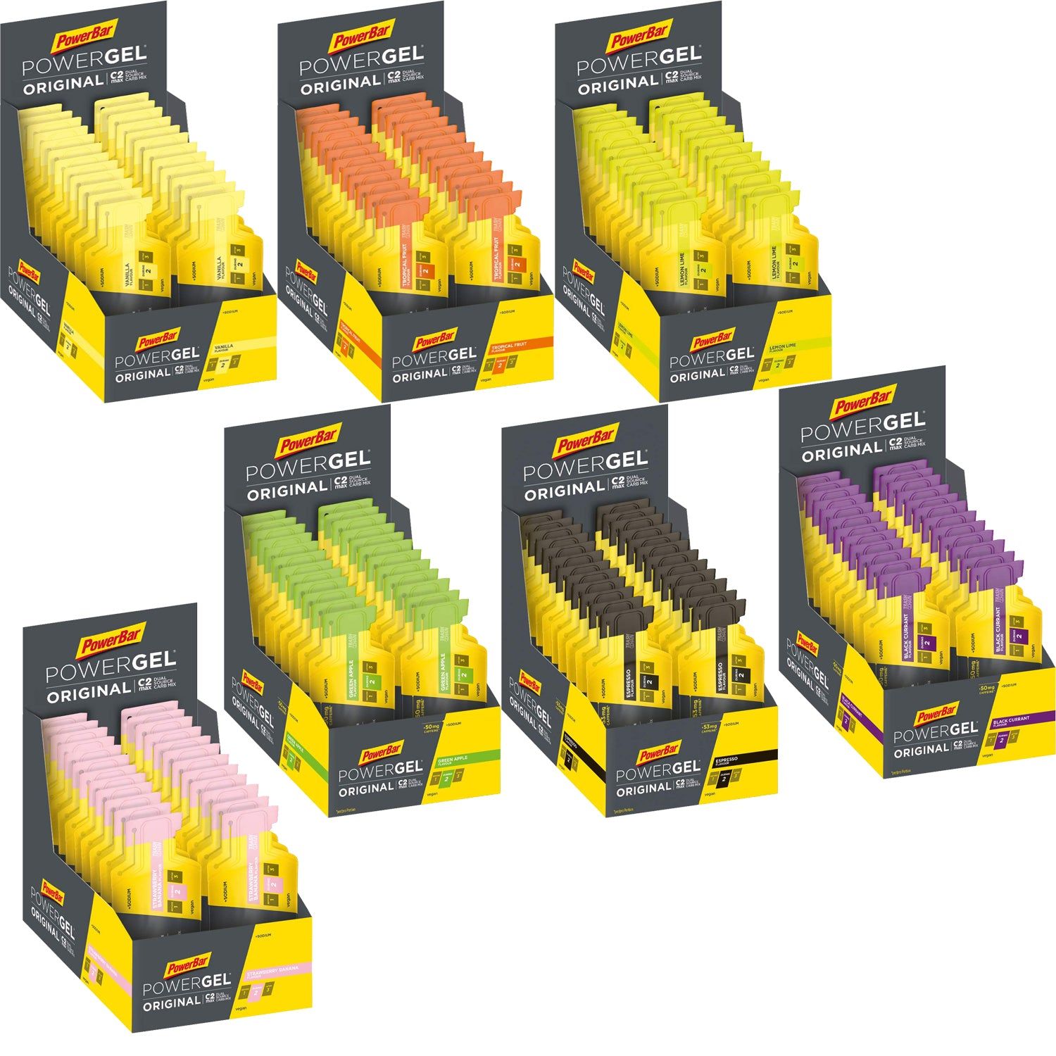 Mehrere Verkaufsdisplays mit verschiedenen Geschmacksrichtungen von PowerBar PowerGel Original.