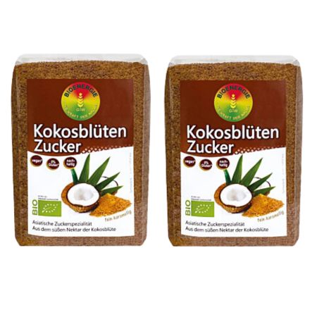 Doppelpack Kokosblütenzucker. Zwei Packungen mit braunem Zucker, braunem Etikett und Kokosnuss-Illustration. Bio-Siegel.