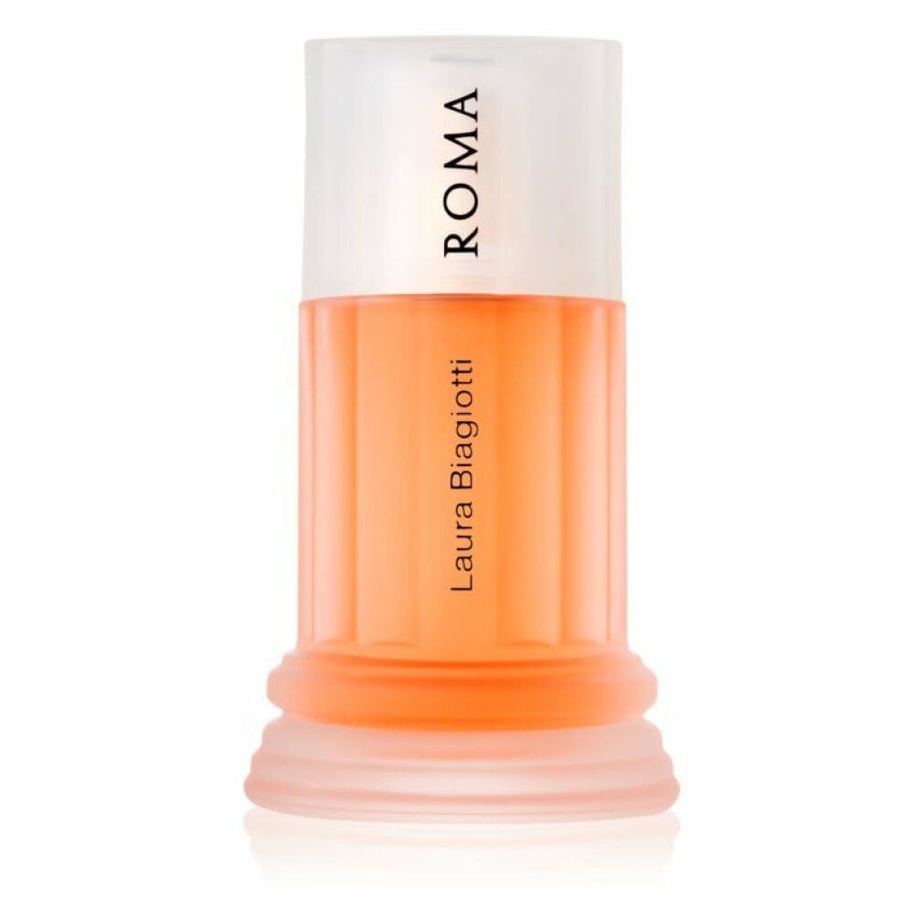 Parfümflakon und Schachtel. Flakon mit weißem Deckel, Schriftzug ROMA. Schachtel mit goldfarbenem Muster.