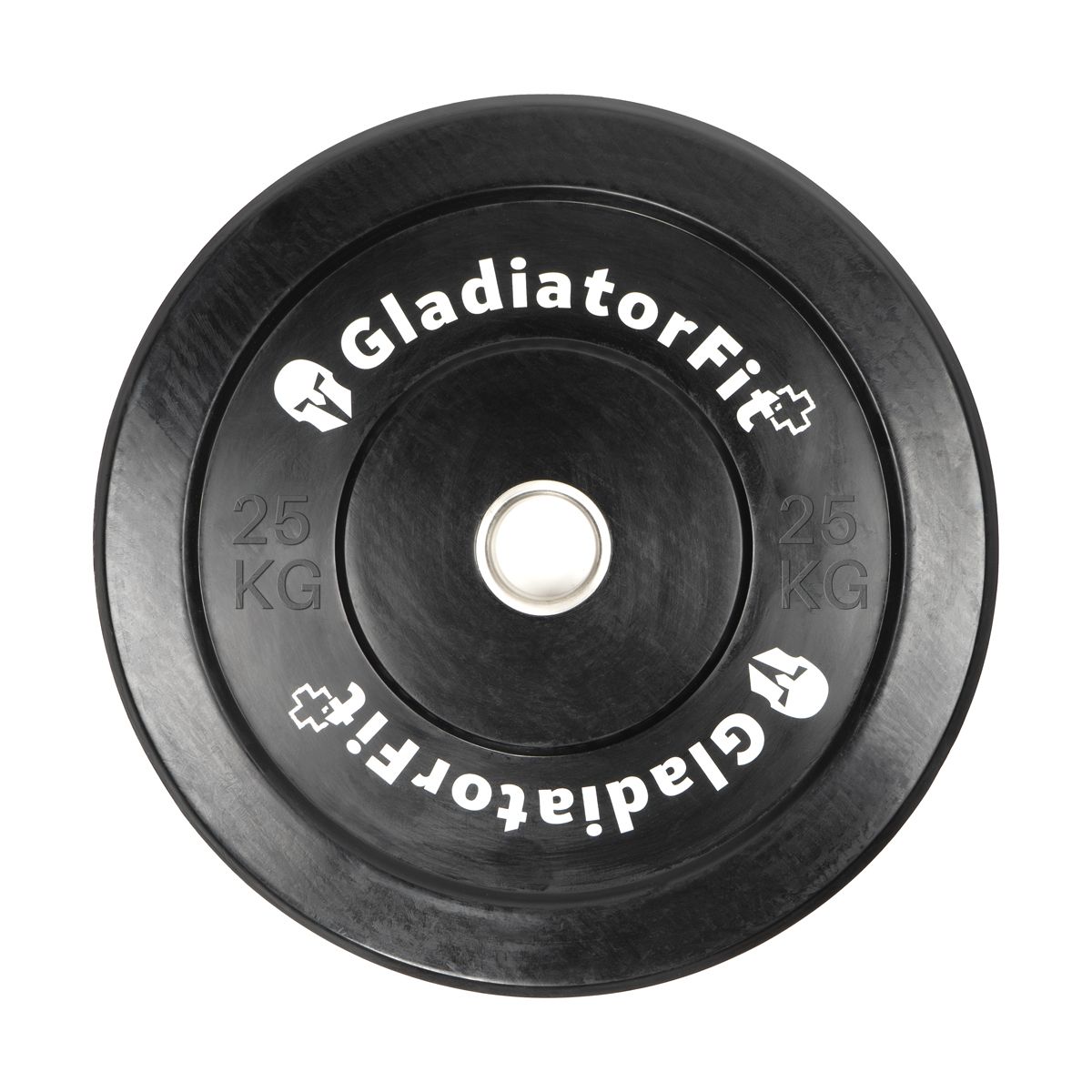 Schwarze Gummi-Bumper Plate mit weißem GladiatorFit-Logo und 25 KG-Gewichtsangabe. O 51mm Loch. Runde Form.