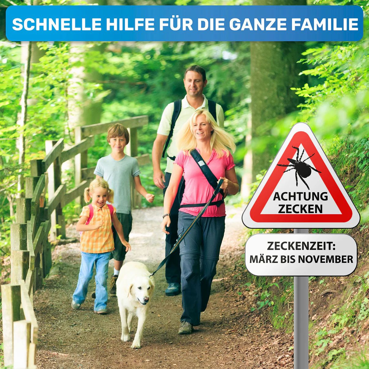 Familie wandert im Wald. Warnschild mit Zecke und Text 'Achtung Zecken'. Text 'Zeckenzeit: März bis November'.