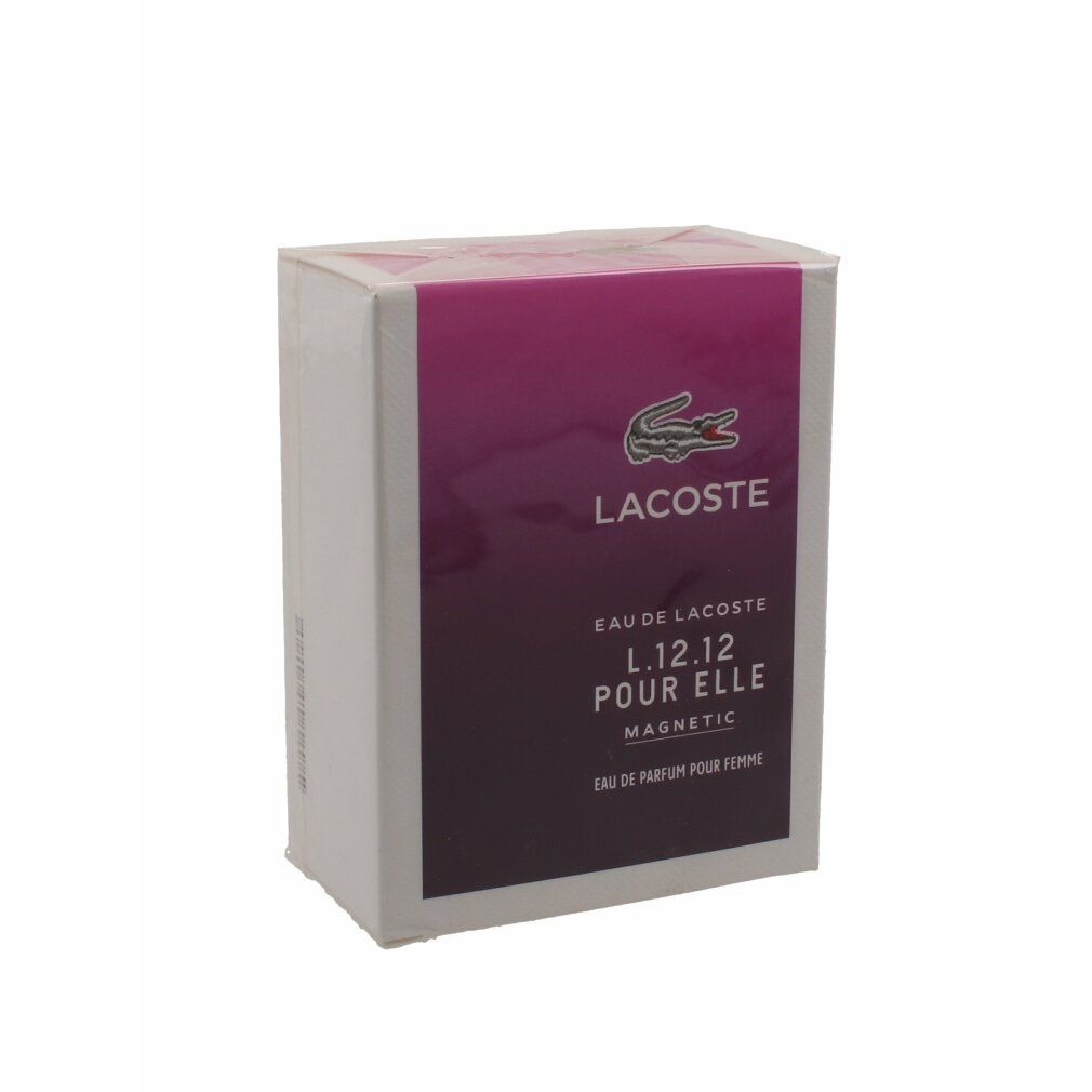 Schräg gestellte, weiße Verpackung mit pinkfarbenem Aufdruck. Logo und Produktbezeichnung: Lacoste L.12.12 Pour Elle Magnetic.
