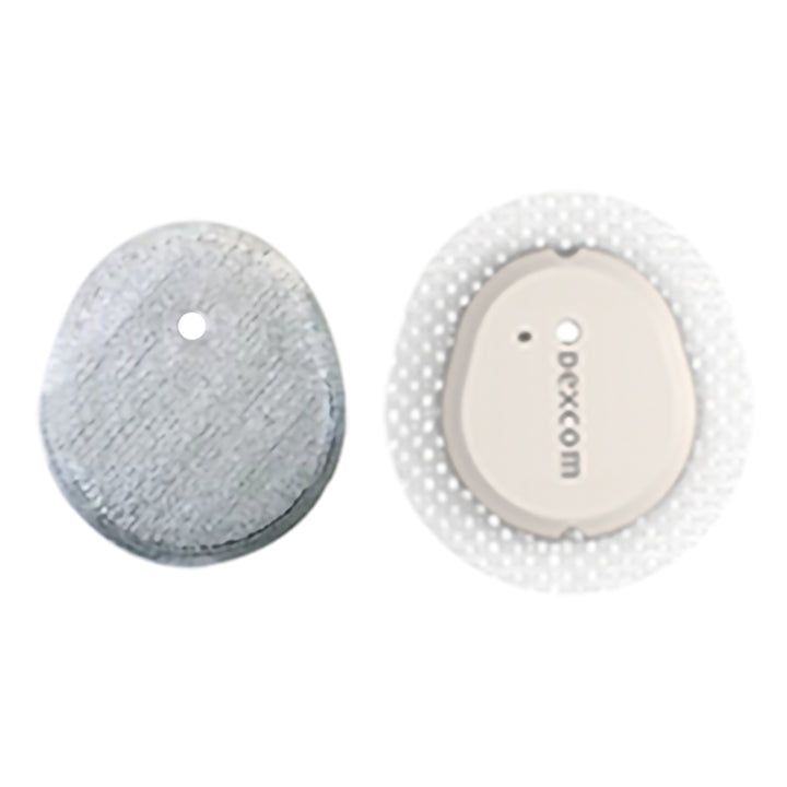 Zwei medizinische Geräte. Links: Graue, ovale Abdeckung mit Loch. Rechts: Weißes, rundes Gerät mit Dexcom-Logo und Perlenrand.