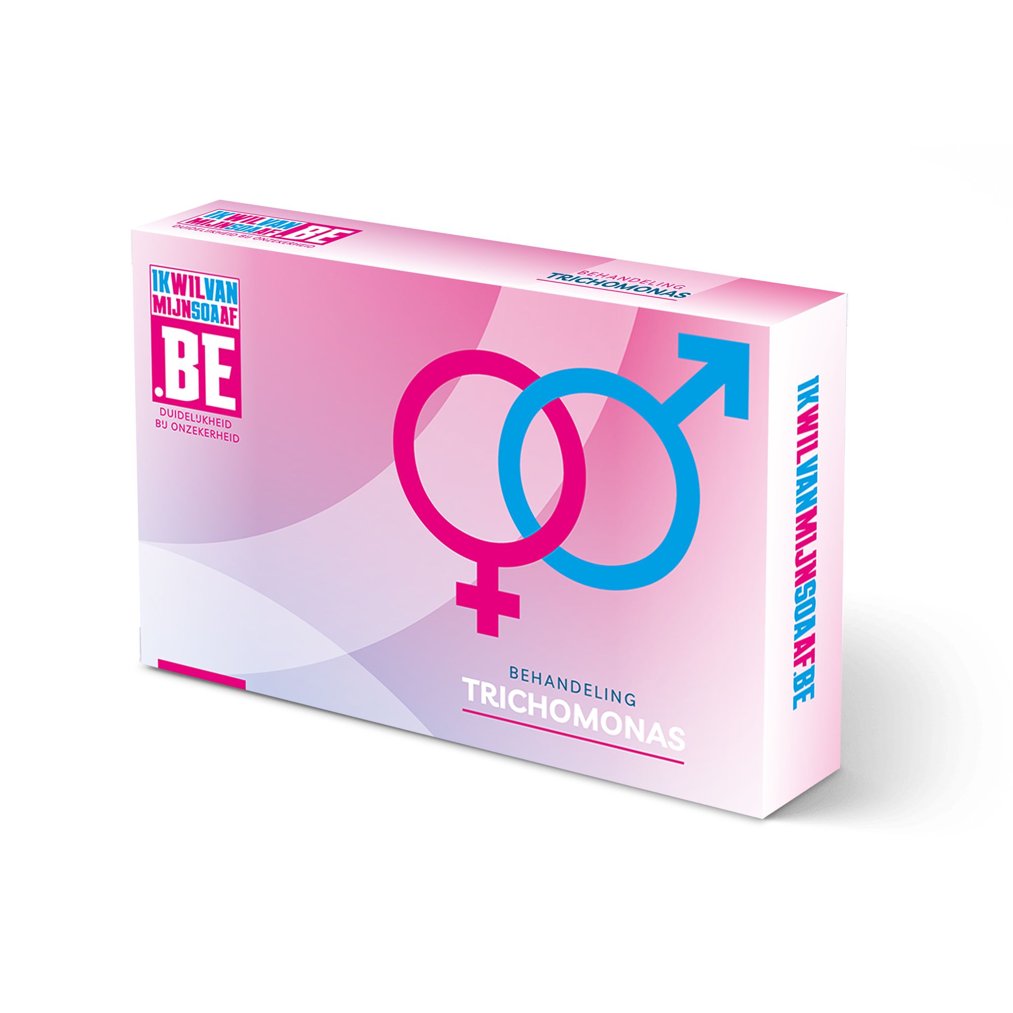 Verpackung mit rosa Symbolen für Mann und Frau. Text: Behandlung Trichomonas. Logo: Ik wil van mijn SOA af.