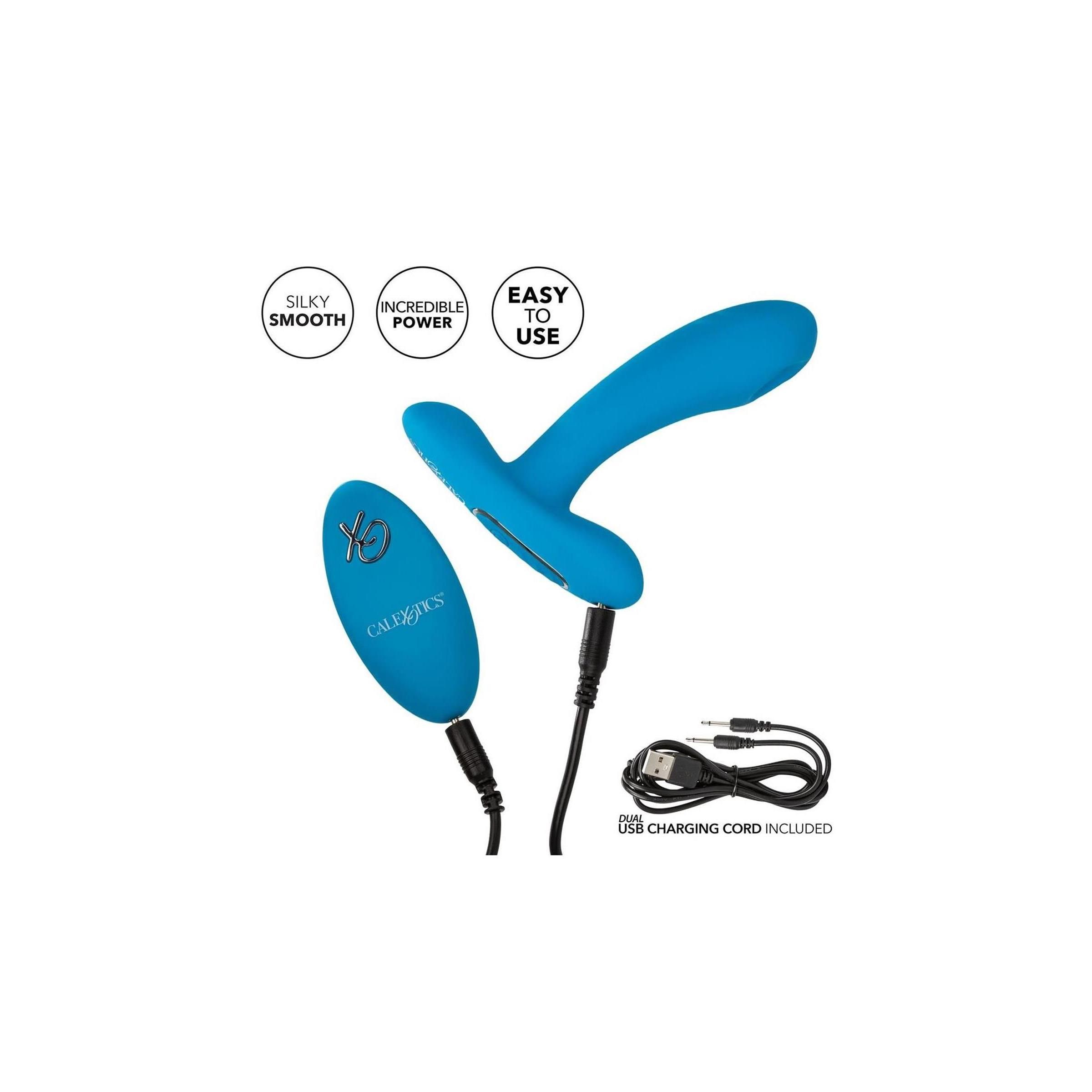 Blauer Silikon-Pleaser und Fernbedienung. Mit USB-Ladekabel. Marke CalExotics. Silikon, leicht zu bedienen.