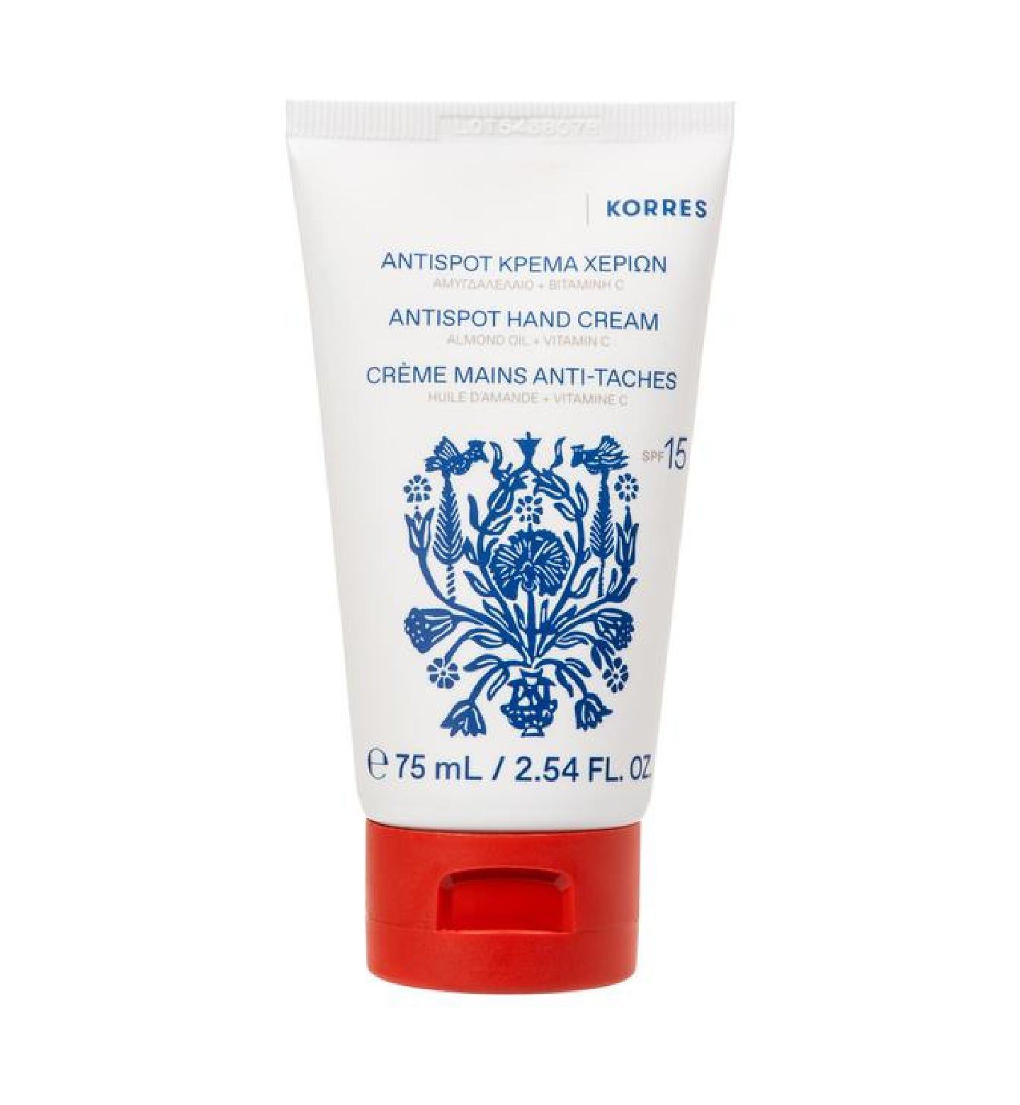 Weiße Tube mit rotem Deckel. Aufschrift: KORRES, ANTISPOT HAND CREAM, SPF 15. Blaue florale Musterung. Volumen: 75 ml.