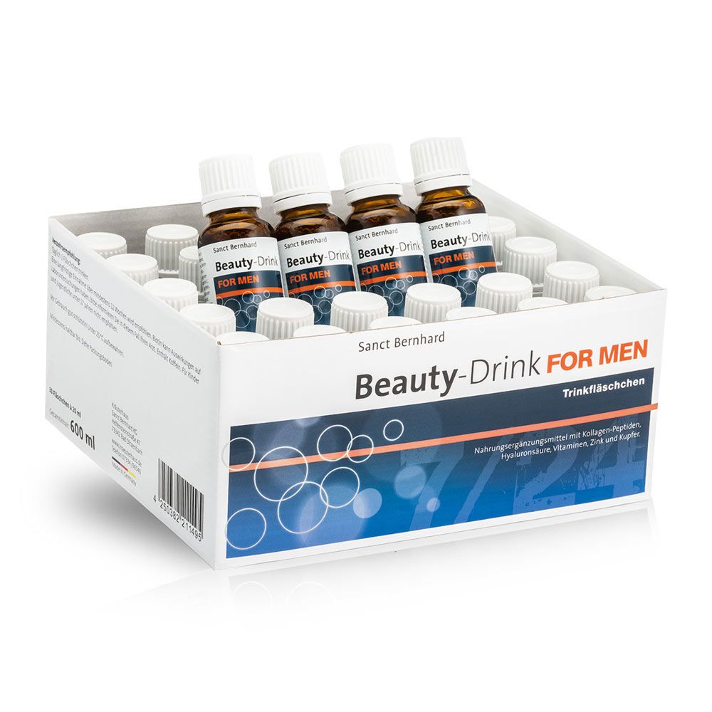 Karton mit Fläschchen. Aufschrift: Sanct Bernhard Beauty-Drink FOR MEN. 4 Fläschchen sichtbar.
