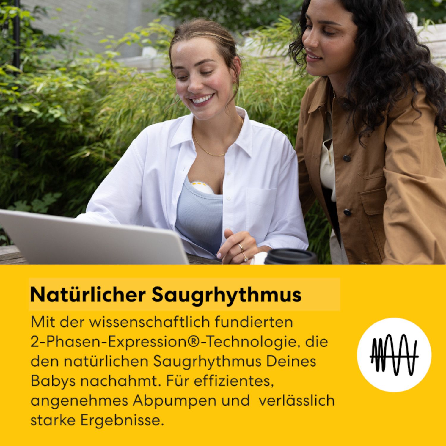 Zwei Frauen. Eine Frau mit Milchpumpe im BH. Text: Natürlicher Saugrythmus. 2-Phasen-Expression-Technologie.